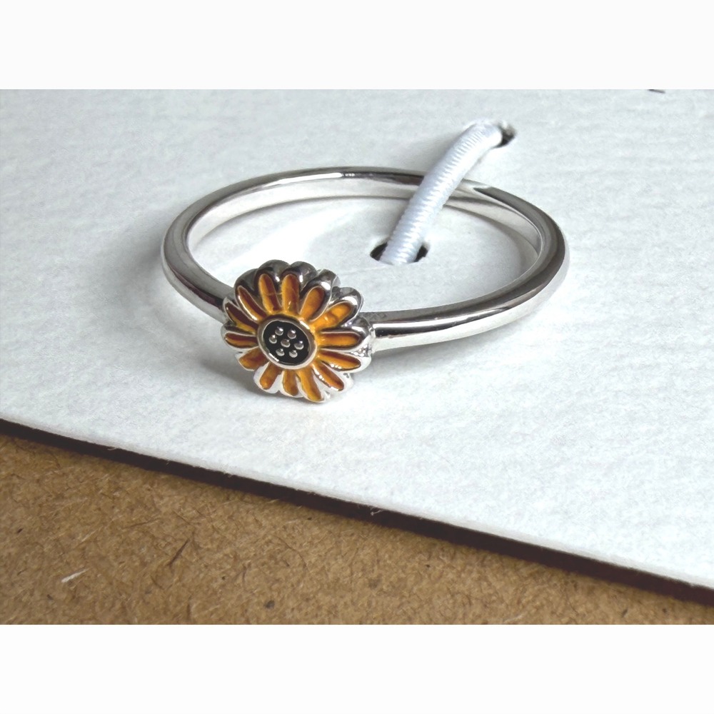 Pura Vida Enamel Sunflower Ring NEW Silver Tone Rhodium Plated Size 7